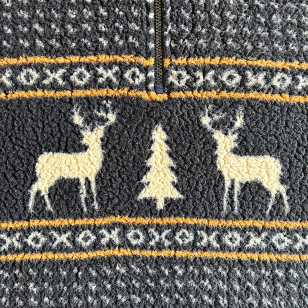 Old Navy Mens Polyester Fleece Quarter Zip Pullover Fair Isle Reindeer L Gray